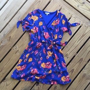 Blue floral wrap mini dress